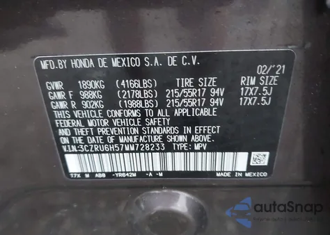 2021 Honda Hr-V Awd Ex из США, поврежденный, VIN 3CZRU6H57MM728233